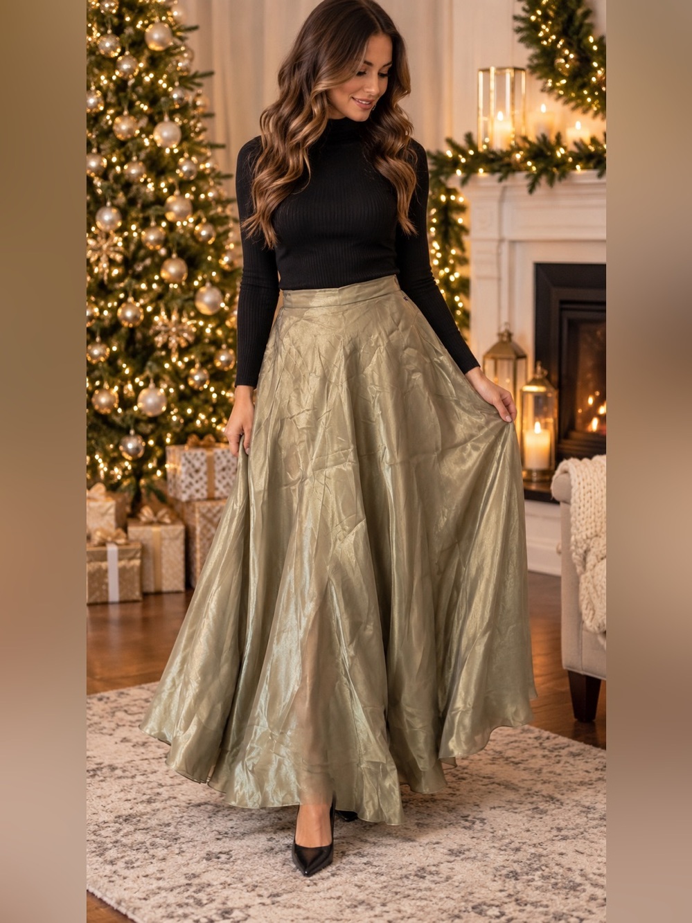 Vintage JBS Shimmer Gold Maxi Skirt | Size 14 | Floor-Length A-Line | Metallic